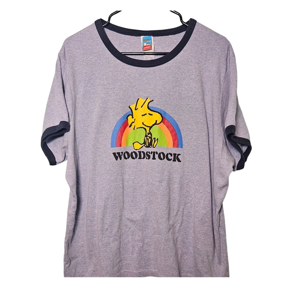 Peanuts Woodstock Rainbow Ringer T-Shirt Heather Blue Plus Size Woman Cute Retro